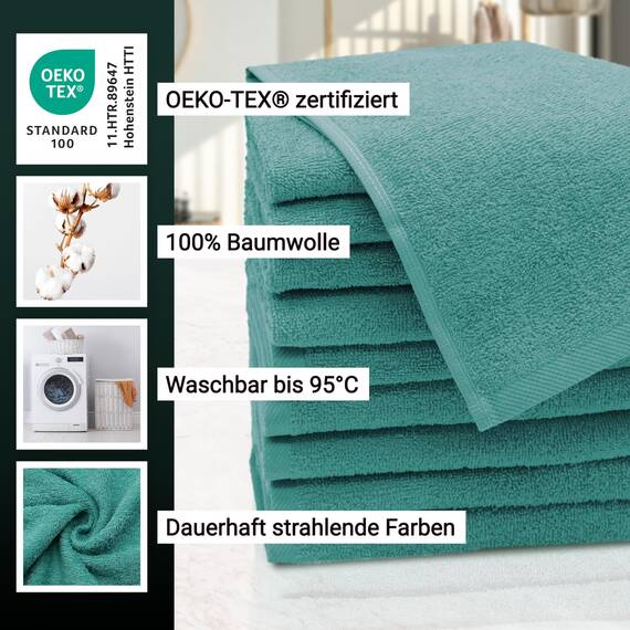 ZOLLNER 10er Set Gästehandtücher - weiche und saugstarke Handtücher - waschbar bis 95°C - Baumwolle - 30x50 cm in türkis