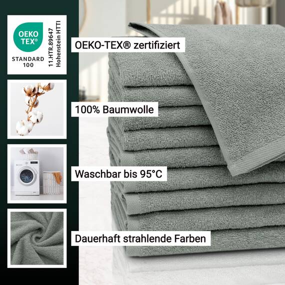 ZOLLNER 10er Set Gästehandtücher - weiche und saugstarke Handtücher - waschbar bis 95°C - Baumwolle - 30x50 cm in hellgrau