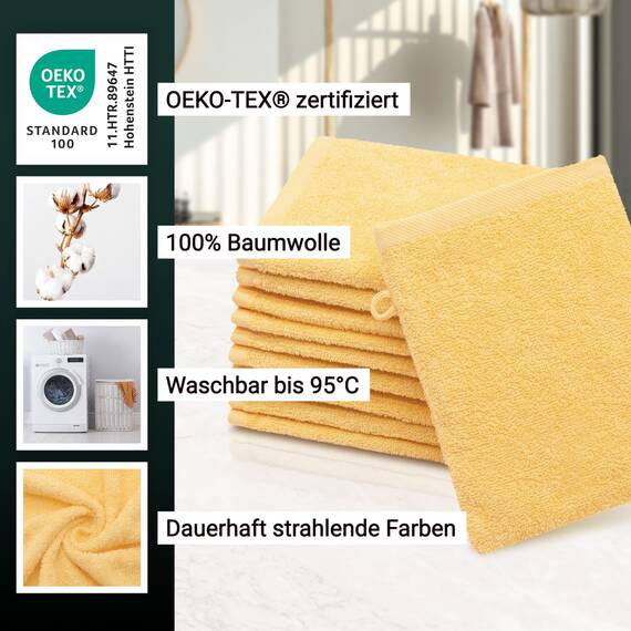 ZOLLNER 10er Set Waschlappen - weiche und saugstarke Waschhandschuhe - waschbar bis 95°C - Baumwolle - 16x21 cm in gelb
