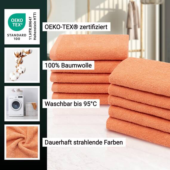 ZOLLNER 10er Set Seiftücher - weiche und saugstarke Waschlappen - waschbar bis 95°C - Baumwolle - 30x30 cm in orange