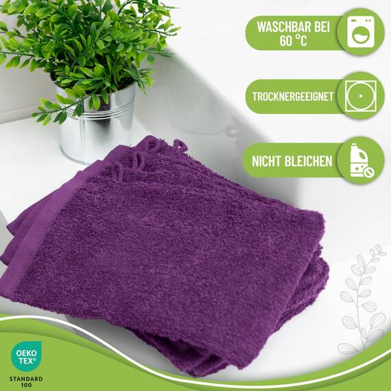 NatureMark 10x Waschhandschuhe aus Frottee 100% Baumwolle – Weich und Robust, Ideal für die tägliche Pflege und Gäste – Lila, 15x21 cm