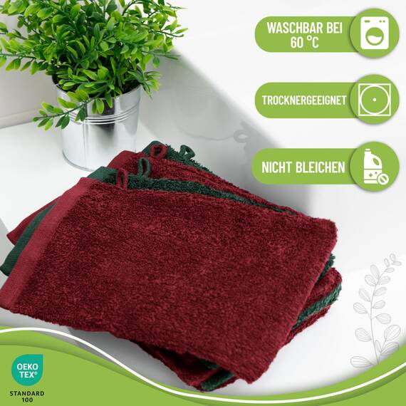 NatureMark 10x Waschhandschuhe aus Frottee 100% Baumwolle – Weich und Robust, Ideal für die tägliche Pflege und Gäste – Bordeaux/Dunkelgrün, 15x21 cm