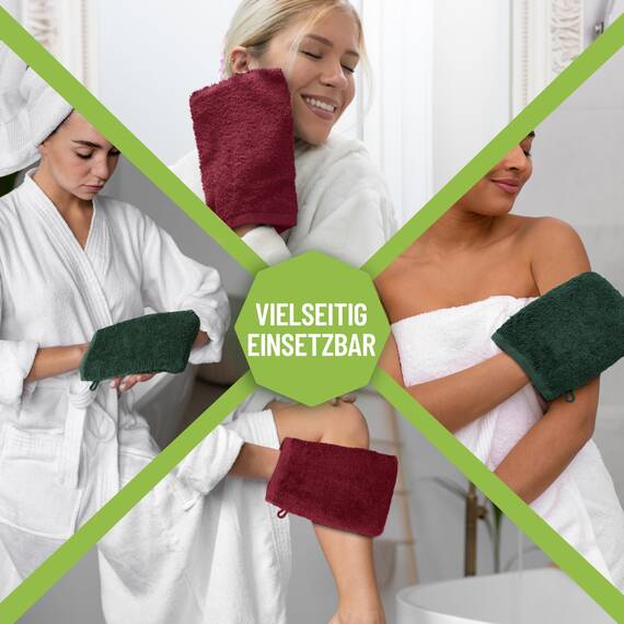 NatureMark 10x Waschhandschuhe aus Frottee 100% Baumwolle – Weich und Robust, Ideal für die tägliche Pflege und Gäste – Bordeaux/Dunkelgrün, 15x21 cm
