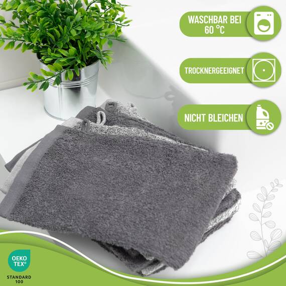 NatureMark 10x Waschhandschuhe aus Frottee 100% Baumwolle – Weich und Robust, Ideal für die tägliche Pflege und Gäste – Anthrazit/Silber, 15x21 cm