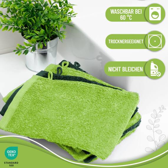 NatureMark 10x Waschhandschuhe aus Frottee 100% Baumwolle – Weich und Robust, Ideal für die tägliche Pflege und Gäste – Apfelgrün/Dunkelgrün, 15x21 cm