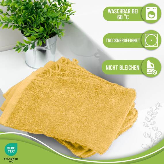 NatureMark 10x Waschhandschuhe aus Frottee 100% Baumwolle – Weich und Robust, Ideal für die tägliche Pflege und Gäste – Gelb, 15x21 cm
