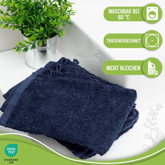 NatureMark 10x Waschhandschuhe aus Frottee 100% Baumwolle – Weich und Robust, Ideal für die tägliche Pflege und Gäste – Navy blau, 15x21 cm