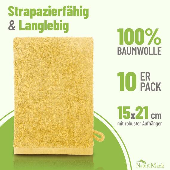 NatureMark 10x Waschhandschuhe aus Frottee 100% Baumwolle – Weich und Robust, Ideal für die tägliche Pflege und Gäste – Gelb, 15x21 cm