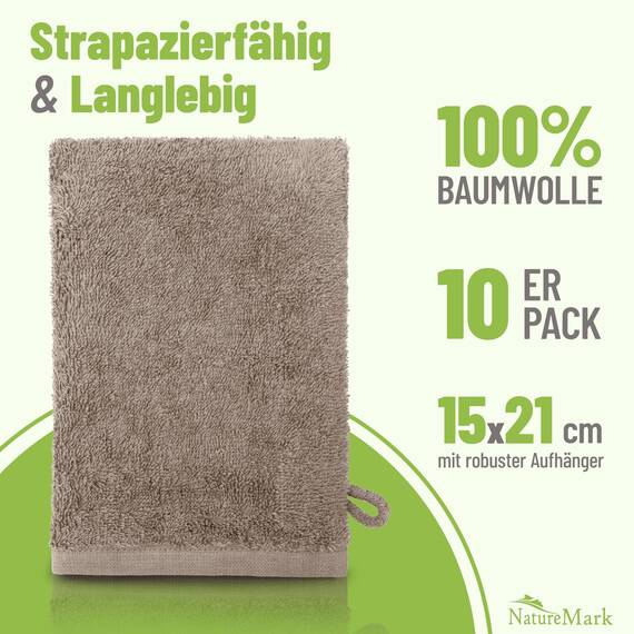 NatureMark 10x Waschhandschuhe aus Frottee 100% Baumwolle – Weich und Robust, Ideal für die tägliche Pflege und Gäste – Sand/Beige, 15x21 cm