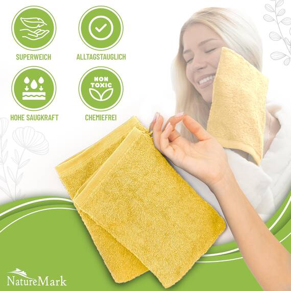 NatureMark 10x Waschhandschuhe aus Frottee 100% Baumwolle – Weich und Robust, Ideal für die tägliche Pflege und Gäste – Gelb, 15x21 cm