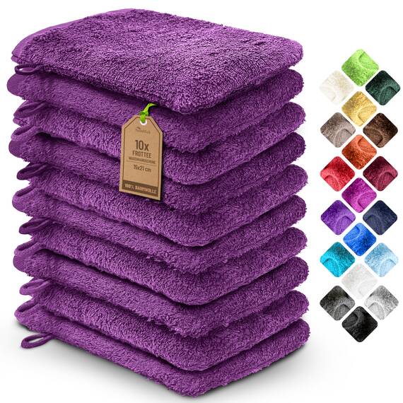 NatureMark 10x Waschhandschuhe aus Frottee 100% Baumwolle – Weich und Robust, Ideal für die tägliche Pflege und Gäste – Lila, 15x21 cm