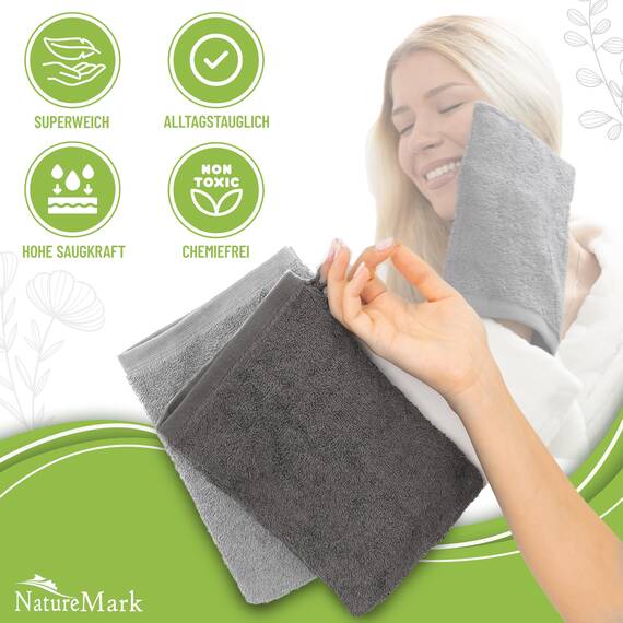 NatureMark 10x Waschhandschuhe aus Frottee 100% Baumwolle – Weich und Robust, Ideal für die tägliche Pflege und Gäste – Anthrazit/Silber, 15x21 cm