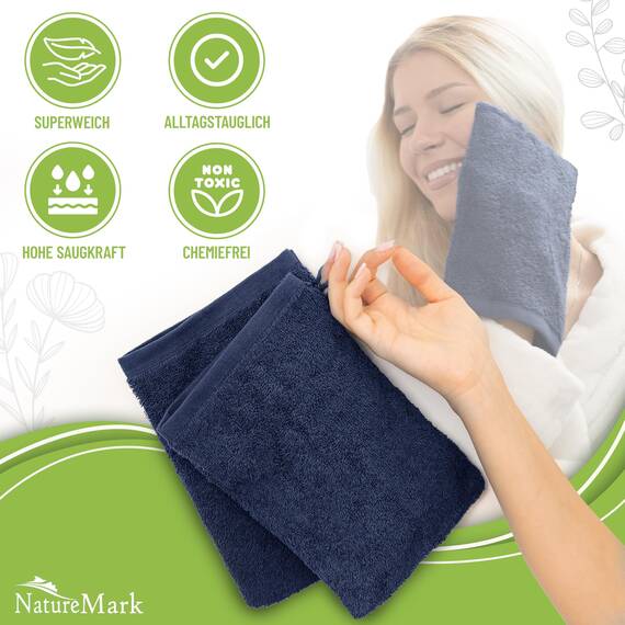 NatureMark 10x Waschhandschuhe aus Frottee 100% Baumwolle – Weich und Robust, Ideal für die tägliche Pflege und Gäste – Navy blau, 15x21 cm