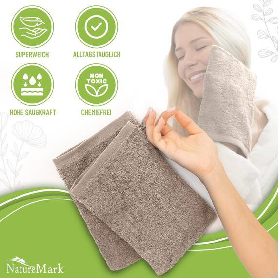 NatureMark 10x Waschhandschuhe aus Frottee 100% Baumwolle – Weich und Robust, Ideal für die tägliche Pflege und Gäste – Sand/Beige, 15x21 cm