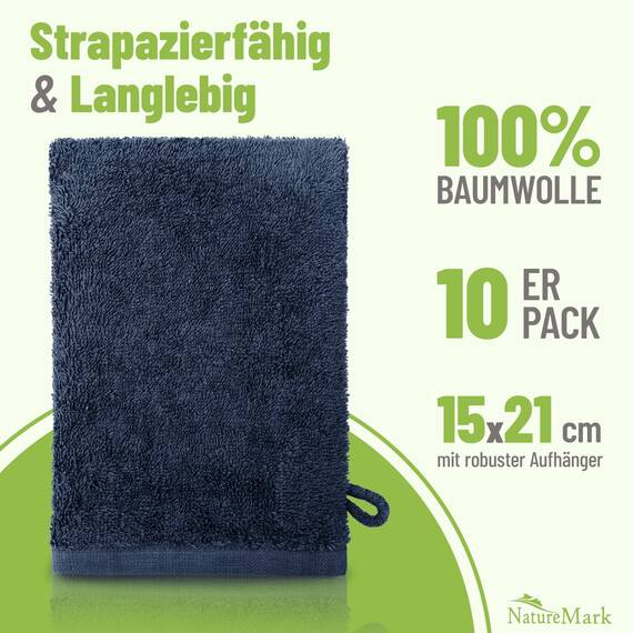 NatureMark 10x Waschhandschuhe aus Frottee 100% Baumwolle – Weich und Robust, Ideal für die tägliche Pflege und Gäste – Navy blau, 15x21 cm