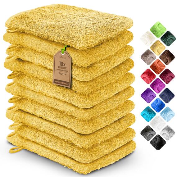 NatureMark 10x Waschhandschuhe aus Frottee 100% Baumwolle – Weich und Robust, Ideal für die tägliche Pflege und Gäste – Gelb, 15x21 cm