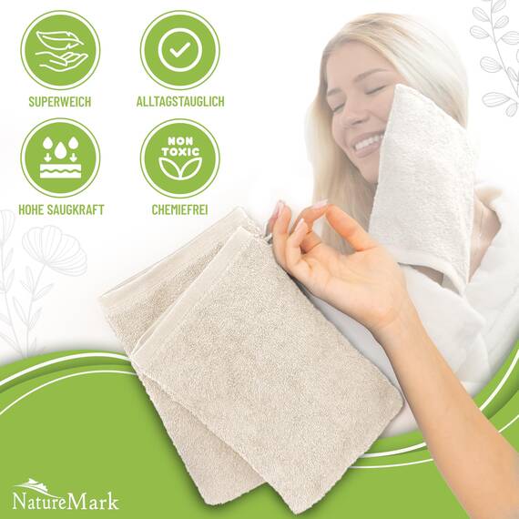 NatureMark 10x Waschhandschuhe aus Frottee 100% Baumwolle – Weich und Robust, Ideal für die tägliche Pflege und Gäste – Natur/Creme, 15x21 cm