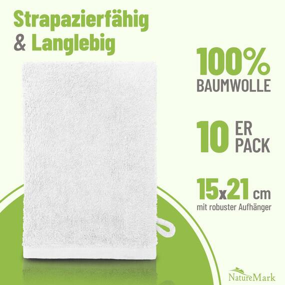 NatureMark 10x Waschhandschuhe aus Frottee 100% Baumwolle – Weich und Robust, Ideal für die tägliche Pflege und Gäste – Weiß, 15x21 cm