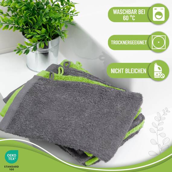 NatureMark 10x Waschhandschuhe aus Frottee 100% Baumwolle – Weich und Robust, Ideal für die tägliche Pflege und Gäste – Anthrazit/Apfelgrün 15x21 cm