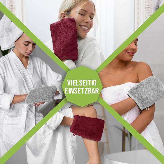 NatureMark 10x Waschhandschuhe aus Frottee 100% Baumwolle – Weich und Robust, Ideal für die tägliche Pflege und Gäste – Bordeaux/Silber, 15x21 cm