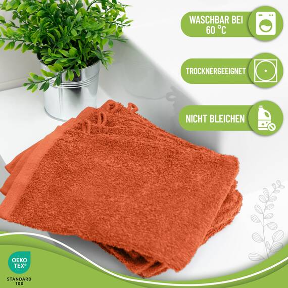 NatureMark 10x Waschhandschuhe aus Frottee 100% Baumwolle – Weich und Robust, Ideal für die tägliche Pflege und Gäste – Terrakotta, 15x21 cm