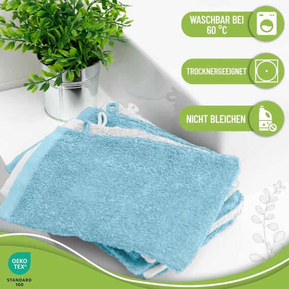NatureMark 10x Waschhandschuhe aus Frottee 100% Baumwolle – Weich und Robust, Ideal für die tägliche Pflege und Gäste – Hellblau/Weiss, 15x21 cm
