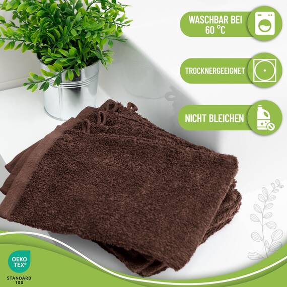 NatureMark 10x Waschhandschuhe aus Frottee 100% Baumwolle – Weich und Robust, Ideal für die tägliche Pflege und Gäste – Schoko Braun, 15x21 cm
