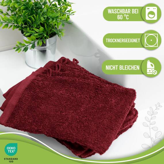 NatureMark 10x Waschhandschuhe aus Frottee 100% Baumwolle – Weich und Robust, Ideal für die tägliche Pflege und Gäste – Bordeaux Rot, 15x21 cm
