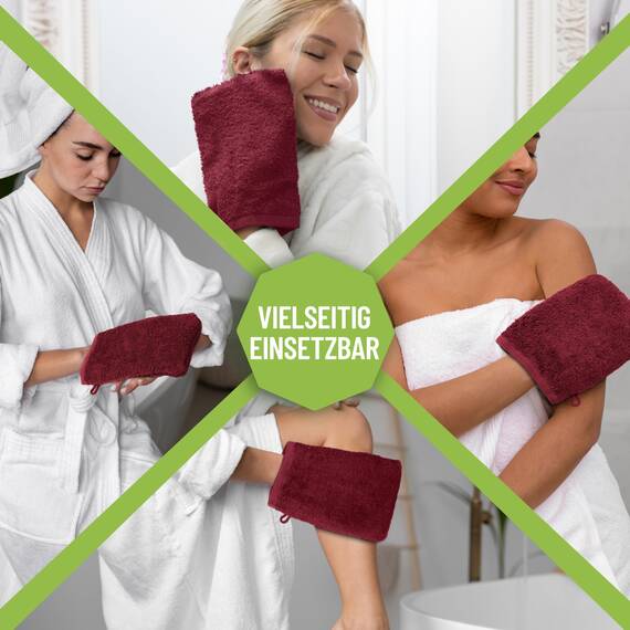 NatureMark 10x Waschhandschuhe aus Frottee 100% Baumwolle – Weich und Robust, Ideal für die tägliche Pflege und Gäste – Bordeaux Rot, 15x21 cm