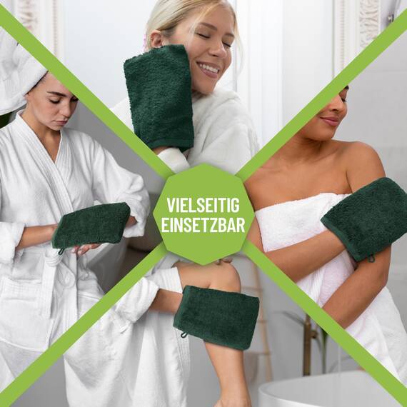 NatureMark 10x Waschhandschuhe aus Frottee 100% Baumwolle – Weich und Robust, Ideal für die tägliche Pflege und Gäste – Dunkel Grün, 15x21 cm