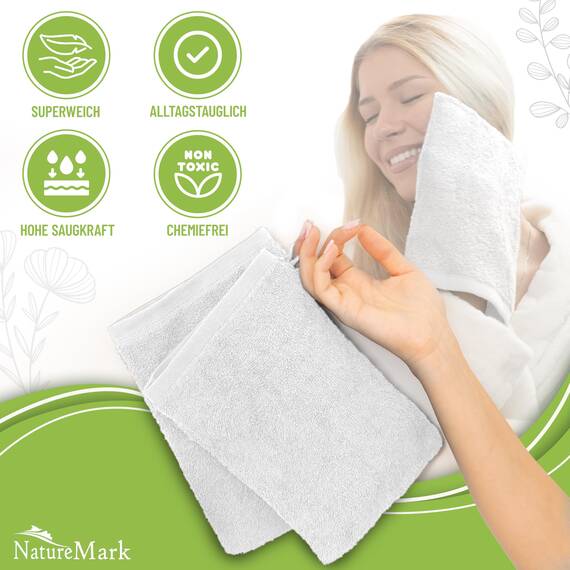 NatureMark 10x Waschhandschuhe aus Frottee 100% Baumwolle – Weich und Robust, Ideal für die tägliche Pflege und Gäste – Weiß, 15x21 cm
