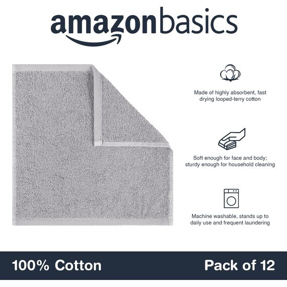 Amazon Basics Waschlappen Set, 100% Baumwolle Extra Saugfähig Schnelltrocknend, 30 x 30 cm, Grau, 12er-Pack