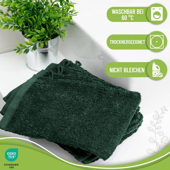 NatureMark 10x Waschhandschuhe aus Frottee 100% Baumwolle – Weich und Robust, Ideal für die tägliche Pflege und Gäste – Dunkel Grün, 15x21 cm