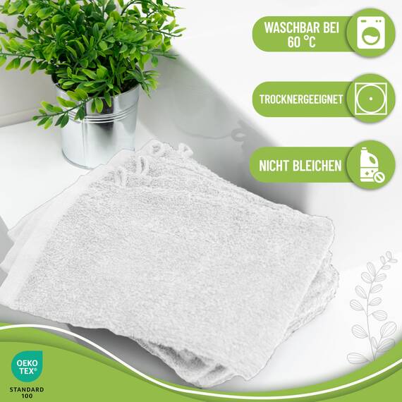 NatureMark 10x Waschhandschuhe aus Frottee 100% Baumwolle – Weich und Robust, Ideal für die tägliche Pflege und Gäste – Weiß, 15x21 cm