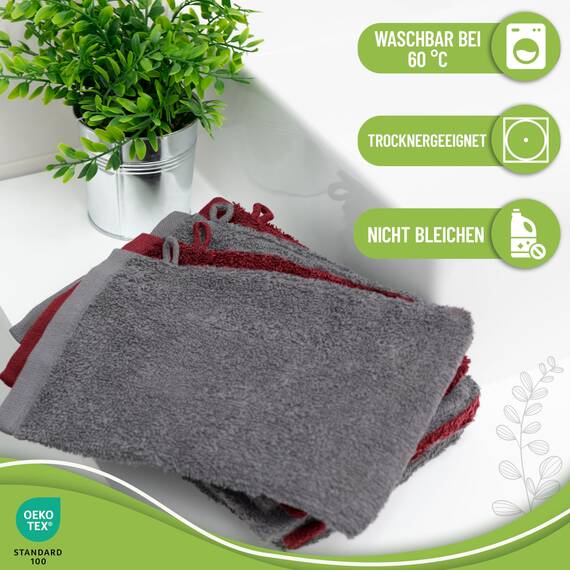 NatureMark 10x Waschhandschuhe aus Frottee 100% Baumwolle – Weich und Robust, Ideal für die tägliche Pflege und Gäste – Anthrazit/Bordeaux, 15x21 cm