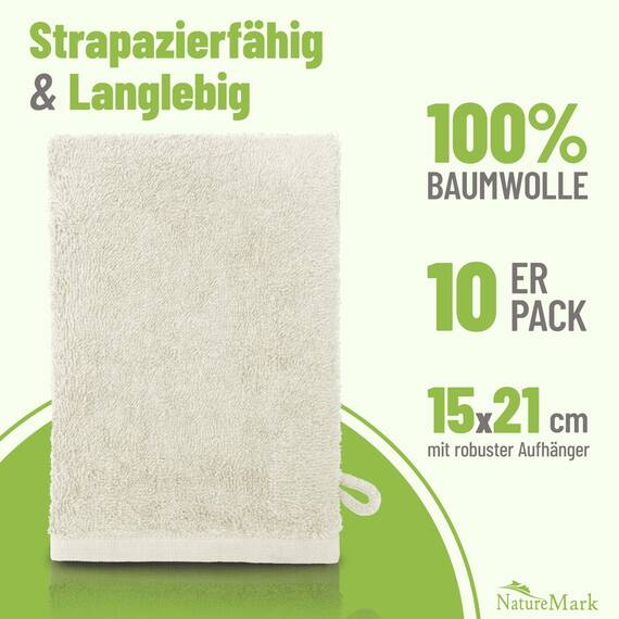 NatureMark 10x Waschhandschuhe aus Frottee 100% Baumwolle – Weich und Robust, Ideal für die tägliche Pflege und Gäste – Natur/Creme, 15x21 cm