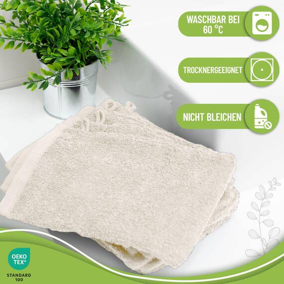 NatureMark 10x Waschhandschuhe aus Frottee 100% Baumwolle – Weich und Robust, Ideal für die tägliche Pflege und Gäste – Natur/Creme, 15x21 cm