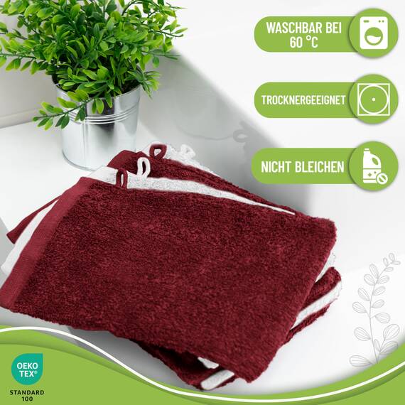 NatureMark 10x Waschhandschuhe aus Frottee 100% Baumwolle – Weich und Robust, Ideal für die tägliche Pflege und Gäste – Bordeaux/Weiss, 15x21 cm