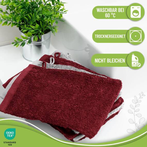 NatureMark 10x Waschhandschuhe aus Frottee 100% Baumwolle – Weich und Robust, Ideal für die tägliche Pflege und Gäste – Bordeaux/Silber, 15x21 cm