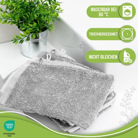 NatureMark 10x Waschhandschuhe aus Frottee 100% Baumwolle – Weich und Robust, Ideal für die tägliche Pflege und Gäste – Silber/Weiss, 15x21 cm