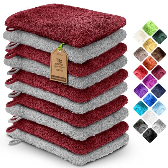 NatureMark 10x Waschhandschuhe aus Frottee 100% Baumwolle – Weich und Robust, Ideal für die tägliche Pflege und Gäste – Bordeaux/Silber, 15x21 cm