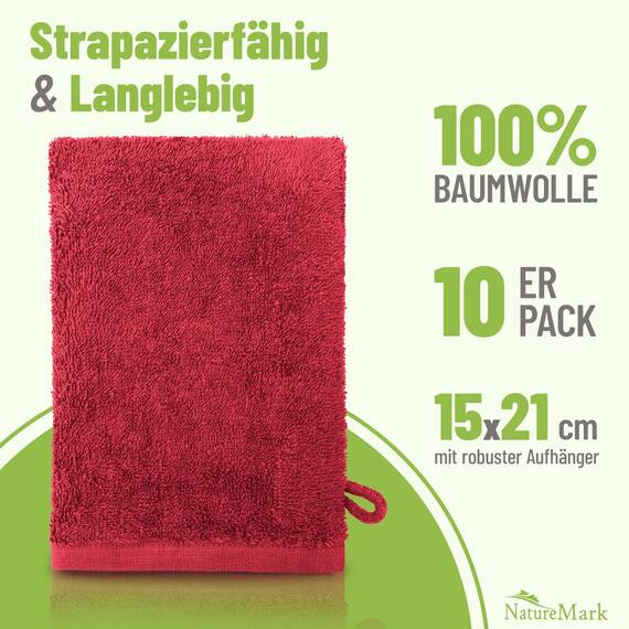 NatureMark 10x Waschhandschuhe aus Frottee 100% Baumwolle – Weich und Robust, Ideal für die tägliche Pflege und Gäste – Rot, 15x21 cm