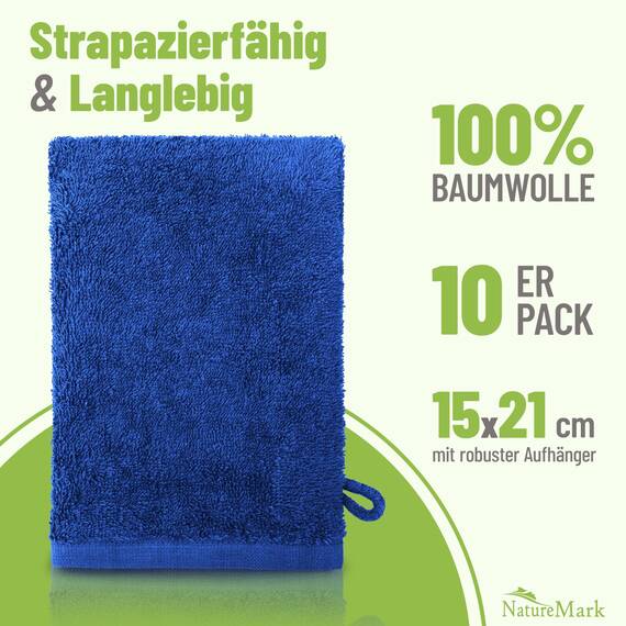 NatureMark 10x Waschhandschuhe aus Frottee 100% Baumwolle – Weich und Robust, Ideal für die tägliche Pflege und Gäste – Royal Blau, 15x21 cm