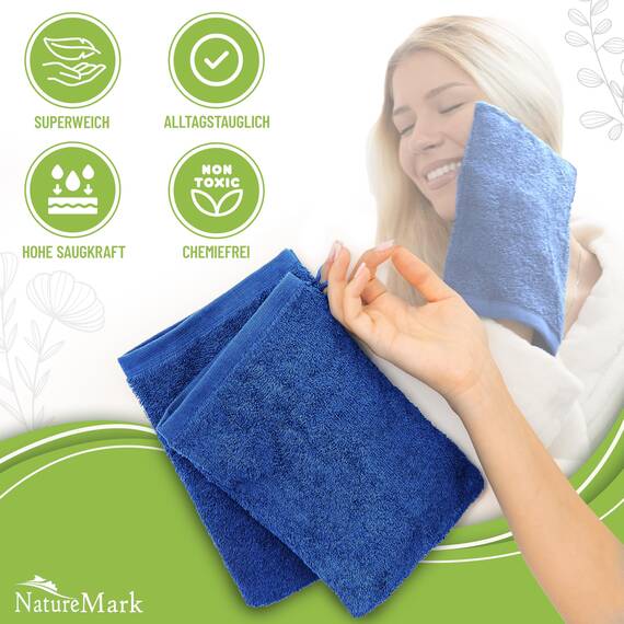 NatureMark 10x Waschhandschuhe aus Frottee 100% Baumwolle – Weich und Robust, Ideal für die tägliche Pflege und Gäste – Royal Blau, 15x21 cm