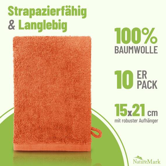 NatureMark 10x Waschhandschuhe aus Frottee 100% Baumwolle – Weich und Robust, Ideal für die tägliche Pflege und Gäste – Terrakotta, 15x21 cm
