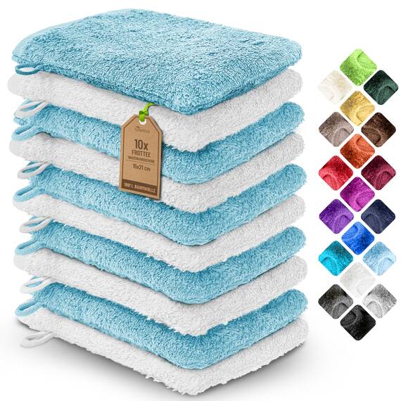 NatureMark 10x Waschhandschuhe aus Frottee 100% Baumwolle – Weich und Robust, Ideal für die tägliche Pflege und Gäste – Hellblau/Weiss, 15x21 cm