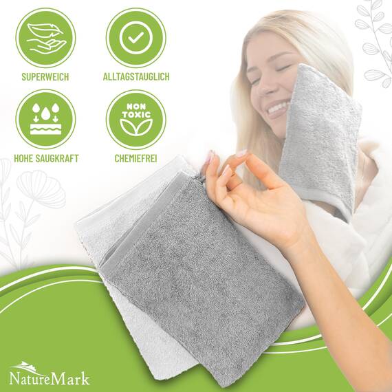 NatureMark 10x Waschhandschuhe aus Frottee 100% Baumwolle – Weich und Robust, Ideal für die tägliche Pflege und Gäste – Silber/Weiss, 15x21 cm