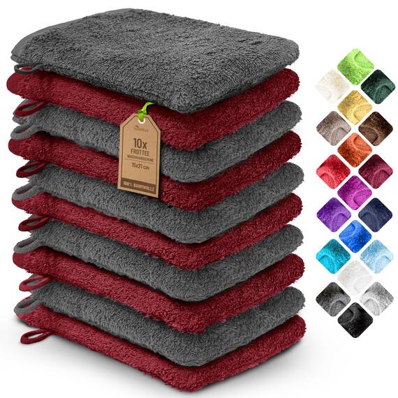 NatureMark 10x Waschhandschuhe aus Frottee 100% Baumwolle – Weich und Robust, Ideal für die tägliche Pflege und Gäste – Anthrazit/Bordeaux, 15x21 cm