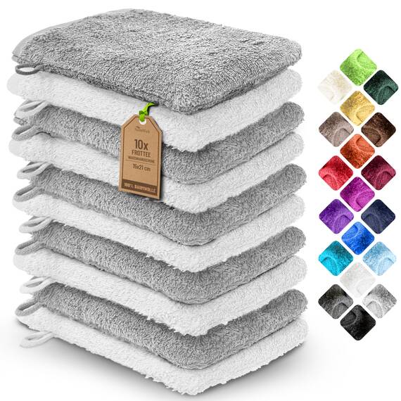 NatureMark 10x Waschhandschuhe aus Frottee 100% Baumwolle – Weich und Robust, Ideal für die tägliche Pflege und Gäste – Silber/Weiss, 15x21 cm