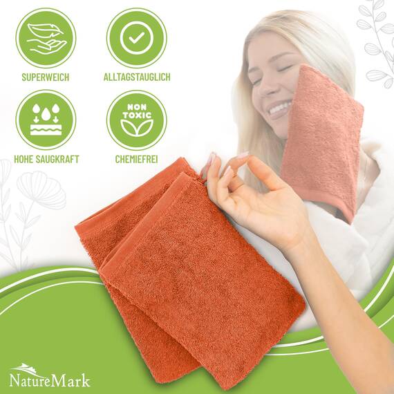 NatureMark 10x Waschhandschuhe aus Frottee 100% Baumwolle – Weich und Robust, Ideal für die tägliche Pflege und Gäste – Terrakotta, 15x21 cm